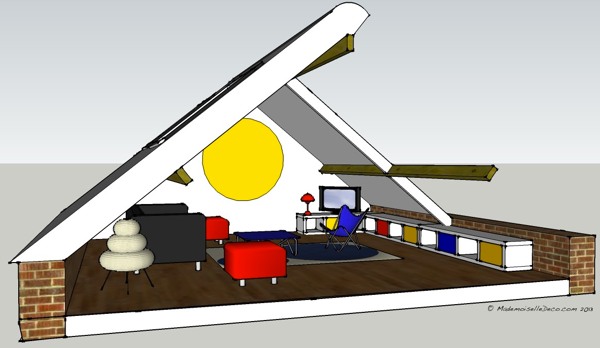 Décoration géométrique Mondrian sous les combles - MademoiselleDeco 