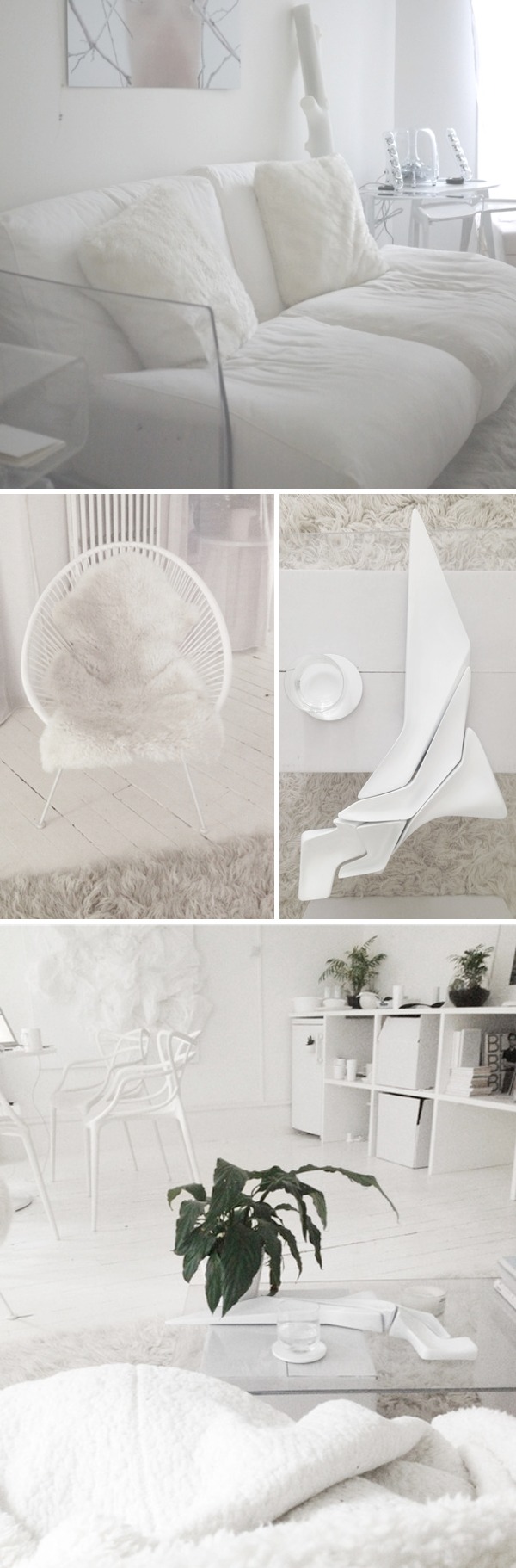 Salon tout blanc : fourrure et porcelaine pour décoration