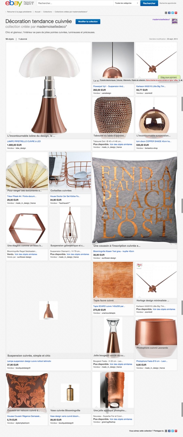 Ebay collection de d'objets de décoration autour de la tendance cuivre
